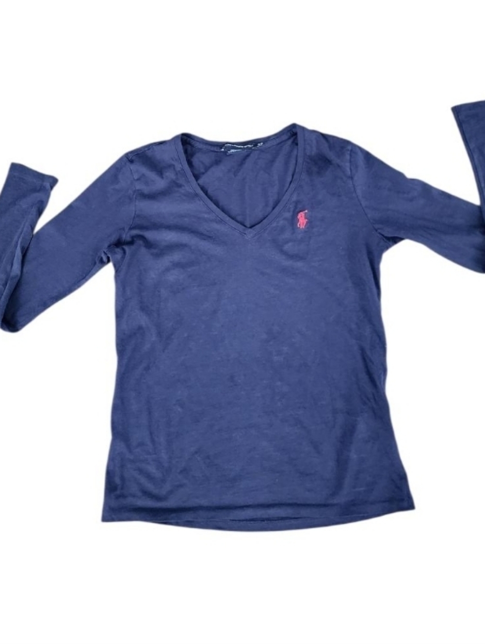 Ralph Lauren Navy V-Neck Long Sleeve Top with Pink Polo Logo